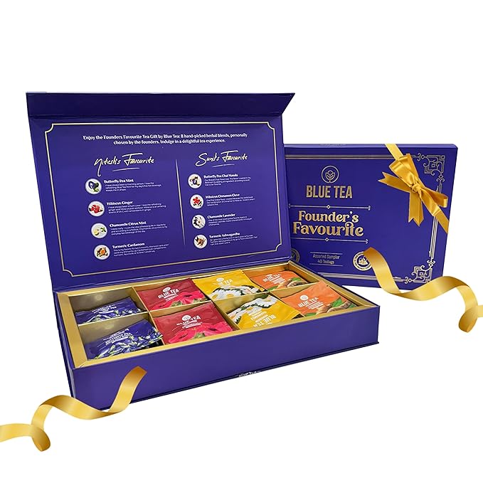 BLUE TEA - Founder’s Favourite Assorted Gift Set | 8 Varieties, 40 Count - Pyramid Plant Based Tea Bag | Caffeine Free - Herbal Tea Sampler | Tea Variety Pack | Gifts for Him and Her