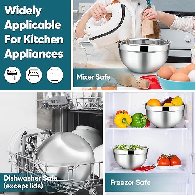 TeamFar Mixing Bowl Set of 5, Stainless Steel 4.5/3/1.5/1/0.7 QT Metal Nesting Salad Bowls with Lids, Ideal for Mixing Serving Tossing, Non-Toxic & Sturdy, Airtight Lid & Easy Clean, Blue
