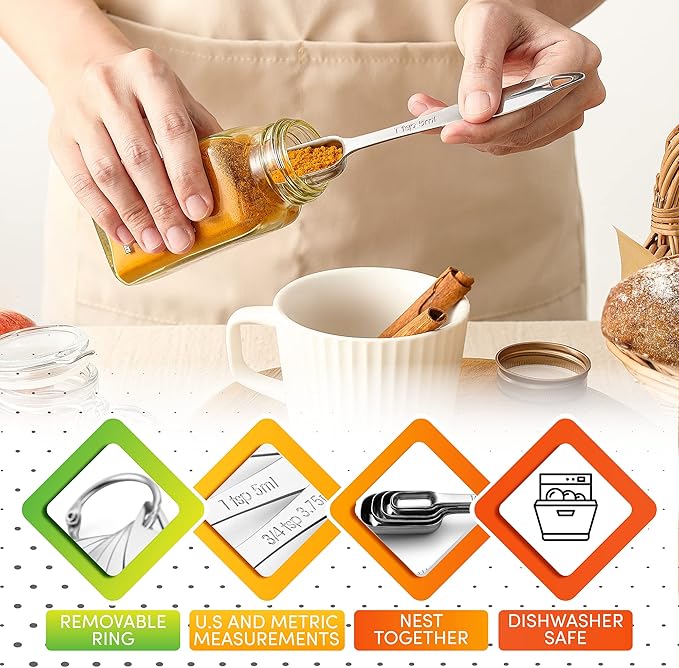 Spring Chef Stainless Steel Measuring Spoons Set of 6 with Leveler, Rectangular Metal Teaspoon & Tablespoon Measuring Spoons for Dry & Liquid Ingredients - Nesting Kitchen Gadgets For Baking & Cooking