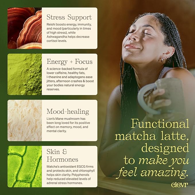 Clevr Blends Organic Honey Vanilla Matcha SuperLatte, Instant Ceremonial Grade, Superfood Powder Blend, Oat Milk, Lions Mane, Reishi Mushroom, Coconut Cream, Ashwagandha, Serve Hot or Iced (14 Lattes)