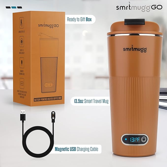 GO Heated Coffee Mug, Travel Mug, 13.5 OZ. Smart Mug, Battery Powered Heated Coffee Mug, Great for Coffee and Tea, Snap on Magnetic Charging Cord, New and Improved (Pumpkin Spice)