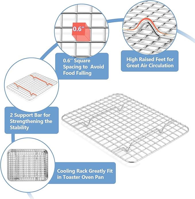 TeamFar Toaster Oven Pan with Cooling Rack, Stainless Steel Mini Baking Tray for Compact Toaster Oven, 9 Inch, Corrugated Bottom & Grid Mesh, Healthy & Heavy-Duty, 1 Pan + 1 Rack