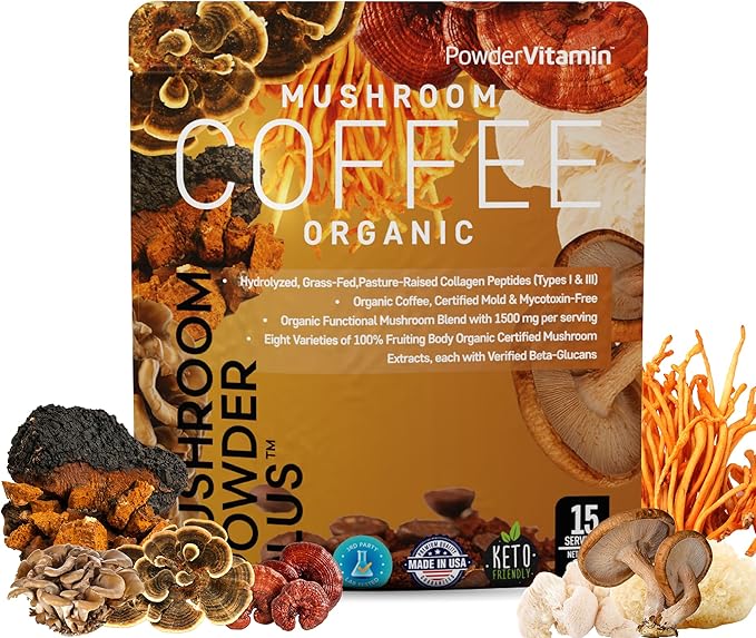 PowderVitamin Organic Mushroom Coffee Certified Mold & Mycotoxin Free GrassFed Collagen Types I & III 8 Fruiting Body Mushrooms Tested for BetaGlucans Focus Energy Digestion & Immunity 15 Servings
