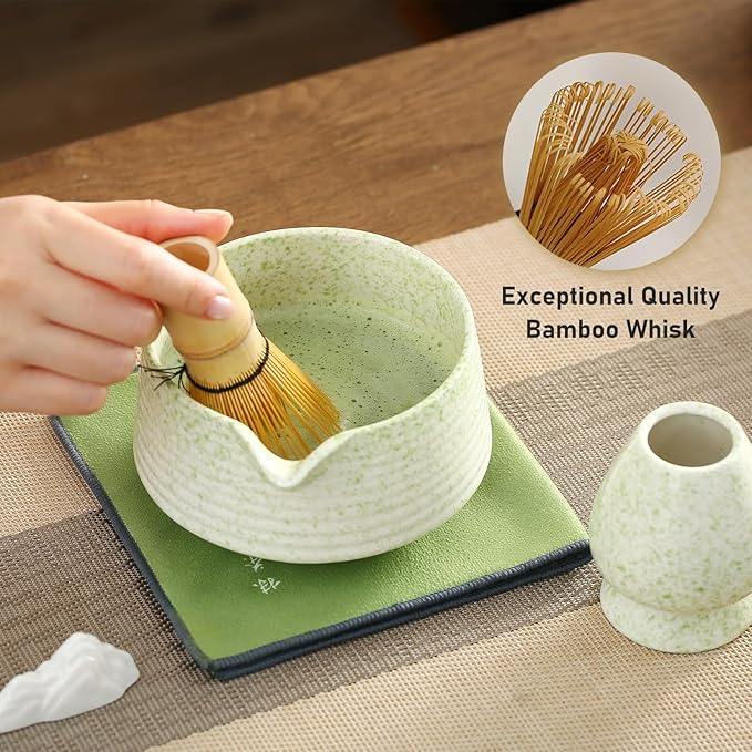 Matcha Whisk Set, Ceramic Matcha Set with Spout, Matcha Bowl Kit with Sifter, Whisk and Holder, Bamboo Scoop, Scoop Rest, Tea Towel, 7 Pcs Matcha Kit Set for Making Breakfast/Latte for Matcha Lovers
