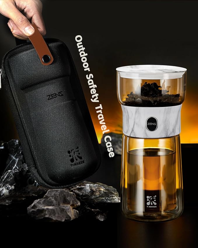 ZENS Modern One Touch Tea Maker, Glass Teapot with Infuser for Loose Leaf Tea Diffusers, Mess-Free Smart Pouring with Insulated Mug and Portable Tea Kits for Tea Lover Gifts