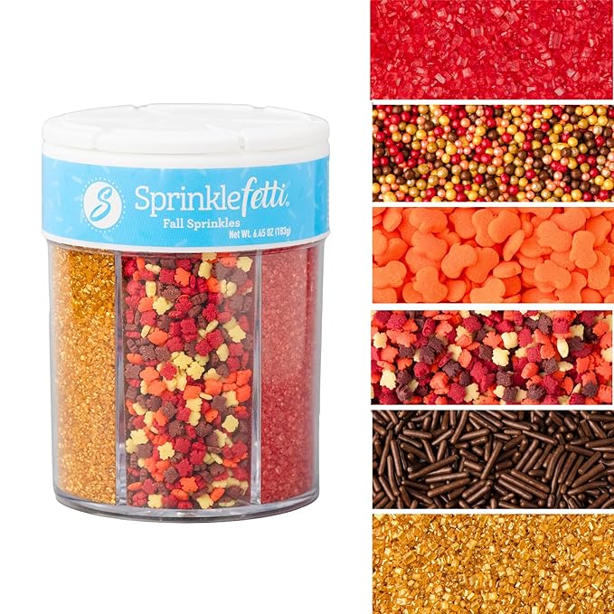 Sweets Indeed Sprinklefetti Fall 6-Cell Sprinkle Jar – 6 Assorted Fall Sprinkles (Pumpkins, Leaves, Sugar Crystals, Nonpareils, Jimmies) | Cupcake & Cake Decorations | 6.45 oz