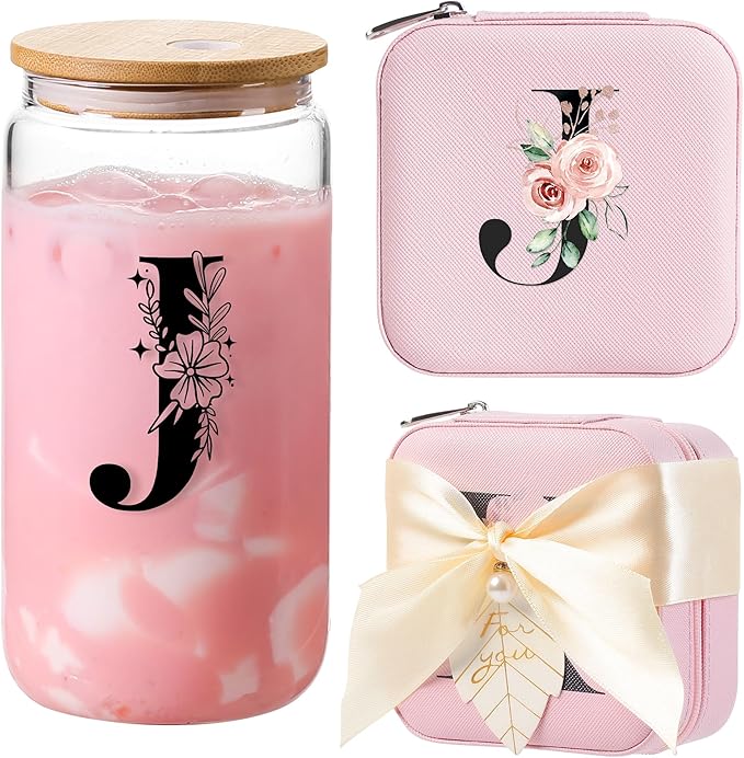 AYGXU Personalized gifts for bridesmaid,16oz glass cups with lid and straw,Jewelry Organizer,Graduation Travel Gifts for Women,Personalized Travel Mini Jewelry Case,Initial J pink