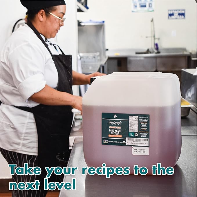 BLUE GREEN ORGANICS, Agave syrup, Agave, Gluten Free, Organic, Sweetener, cakes, coffees, pancakes or any baked good, For restaurants, Sugar substitute Raw, 44 lb, 4 gallon