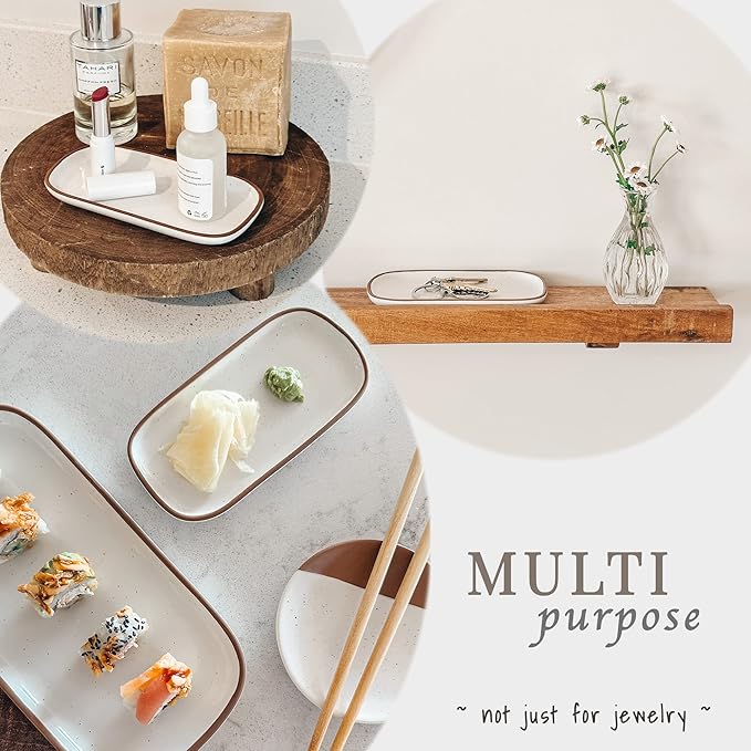 Mora Mini Ceramic Decorative Tray, 6.4 x 3.2 Inch Palm Sized Rectangle Dish for Jewelry, Perfume, Makeup, Accessories, Candle, Cute Organizer for Bathroom Vanity, Bedside, or Kitchen Counter, White