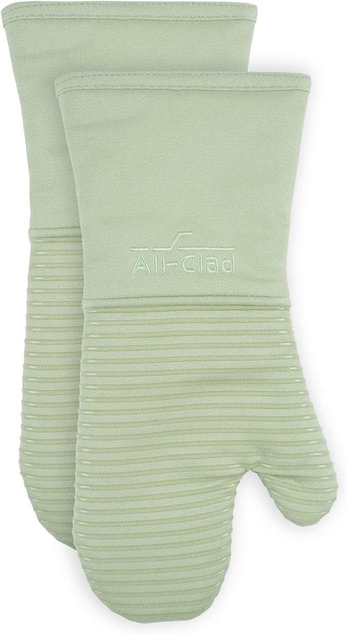 All-Clad Silicone Oven Mitts: Heat Resistant up to 500 Degrees - 100% Cotton & Silicone, 14"x7" Oven Mitt for Kitchen and Barbeque, 2-Pack, Fennel