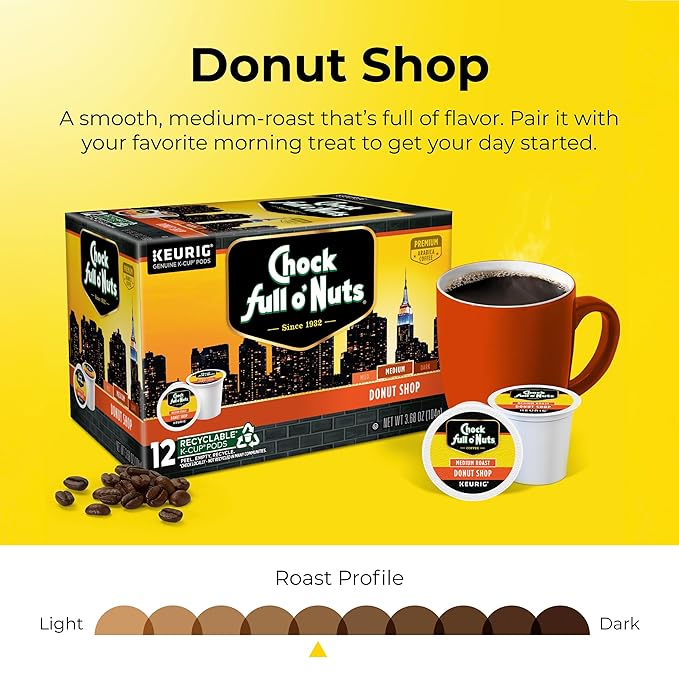 Chock full o’Nuts Donut Shop Keurig K-Cup Pods for Keurig Brewers – Premium Arabica, Medium Roast – Single Serve – 1 Pack of 12 K-Cup Pods