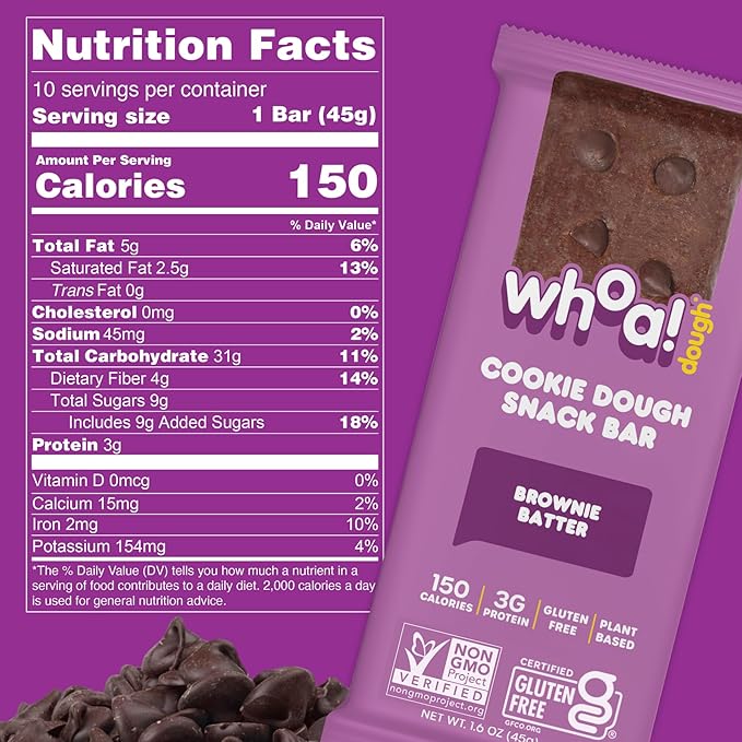 Whoa Dough Edible Cookie Dough Bars- Certified Non-GMO, Kosher and Gluten Free Bars - Healthy Snack Foods - Plant Based Snacks Made With Real Ingredients - Brownie Batter Cookie Dough - 4 Pack