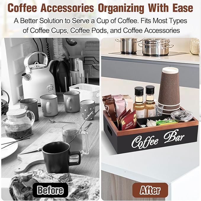 Wooden Coffee Organizer Holder with Divided Sections & Cutout Handle, Farmhouse Coffee Bar Organizer for Pods, Cups, Lids, Syrups, Stirrers & Accessories – Ideal Gift for Home or Office