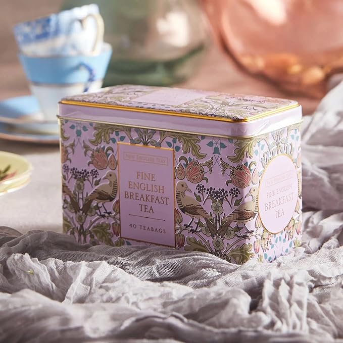 New English Teas Song Thrush and Berries Tea Tin in Pink with 40 English Breakfast Teabags