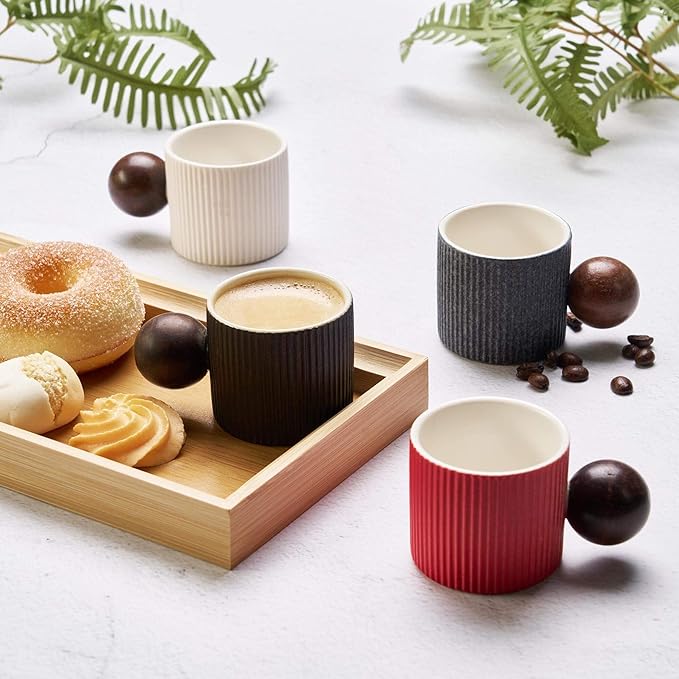 Ceramic Mini Espresso Cups Demitasse Cups with Round Wooden Handle Vertical Stripes Tea Cups (black, 4pcs)