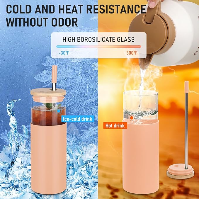 Glass Tumbler w/Lids & Straw - 24oz Reusable Mug w/Bamboo Lid & Stainless Steel Straw - BPA-Free, Leak-Proof, Dishwasher Safe for Coffee, Smoothies, Hot Beverages, Travel, Office, Home Use,1-PK