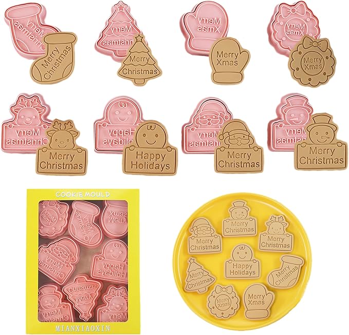 8pcs Christmas Cookie Cutter Set Merry Christmas Cookie Cutters with Plunger Stamps Biscuit Mold 3D Snowman Cookie Molds Cake Baking Fondant Cutter Christmas Party DIY Cookie Decorating Supplies (L8)