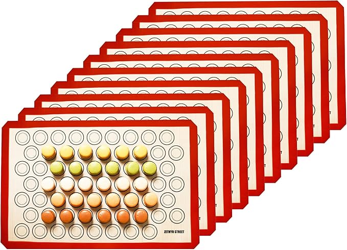 Macaron Silicone Baking Mats - Set of 10 - Full Size - 16.5 x 24, Non-Stick Macaron Mat for Perfect Baking - Dishwasher & Oven Safe, Ideal for Macarons, Cookies, Bread, Red Border