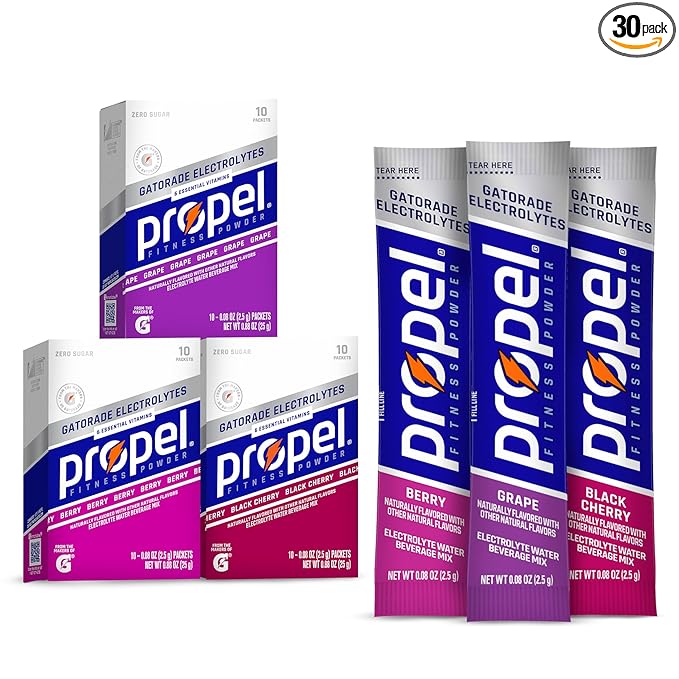 Propel Electrolyte Enhanced Water Drink Mix Powder Packets, Grape Variety Pack, Zero Calorie & Zero Sugar Hydration with Electrolytes and Vitamins C & E (30 Packets)