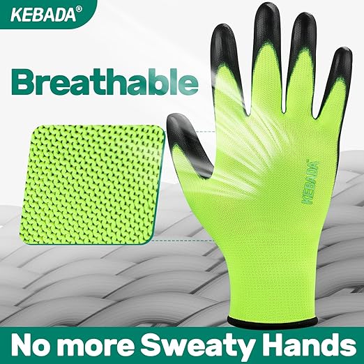 Kebada W1 Work Gloves for Men and Women, PU Coated Safety Gloves with Grip, Touchscreen, Ideal for Warehouse Package Handling, Construction, Gardening, Green Medium