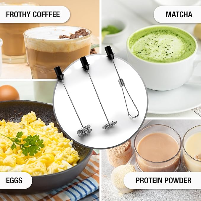 Zulay Froth N Go Milk Frother Rechargeable - 3-in-1 Frother Wand With Case & USB-C Charger - Comes With 3 Whisk Attachments for Latte, Cappuccino, Matcha, Protein Shakes - Black