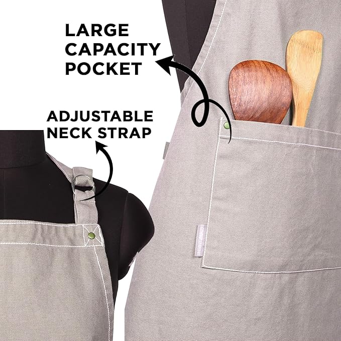 AMOUR INFINI Cotton Solid Aprons for Women with Pocket, Adjustable Strap and Waist Ties Washed Chef Aprons for Cooking, Baking and Gardening (Beige)