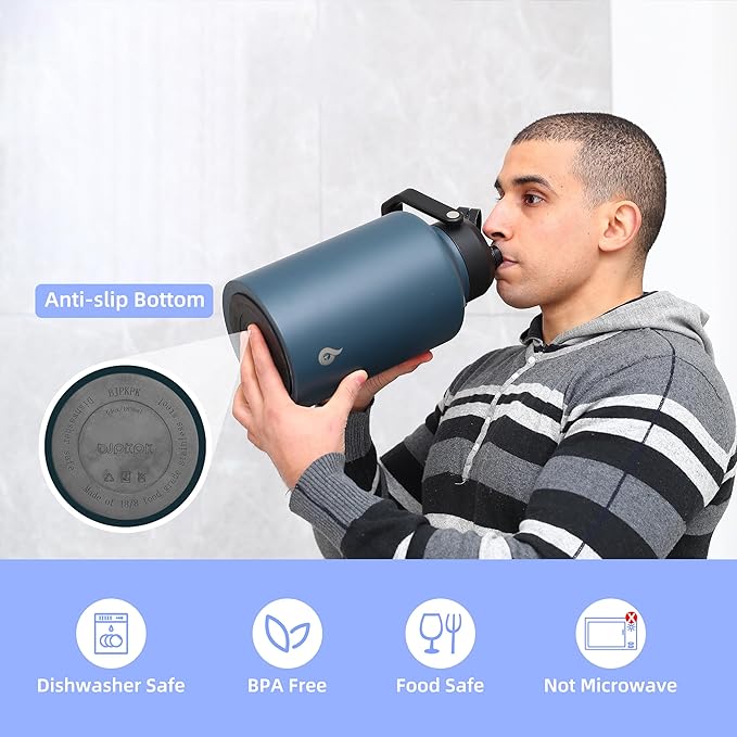 BJPKPK 64 oz Insulated Water Bottle, Dishwasher Safe Half Gallon Water Bottle with Ergonomic Handle, BPA Free Leak Proof Water Jug with Anti-slip Bottom, Stainless Steel Primary Color