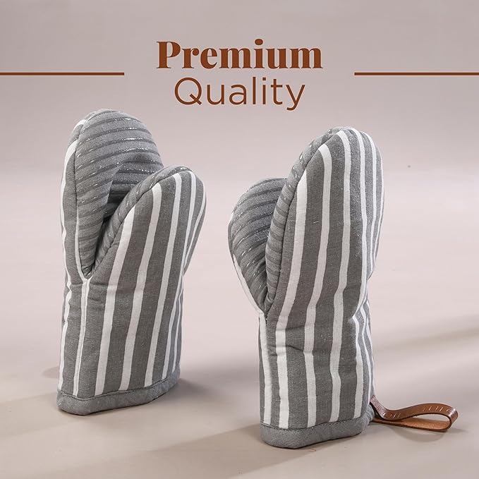 Folkulture Mini Oven Mitts Heat Resistant | (5.75 x9) Set of 2 White Short Oven Mitts with Hanging Loop | 100% Cotton Oven Gloves or Kitchen Mittens | Small Oven Mitt Set or Grey Silicone Oven Mitt