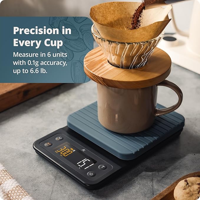 Greater Goods 0.1g Precision Coffee Scale with Timer – 3kg Digital Scale for Pour-Over, Espresso, French Press, Kitchen Use (Stone Blue)