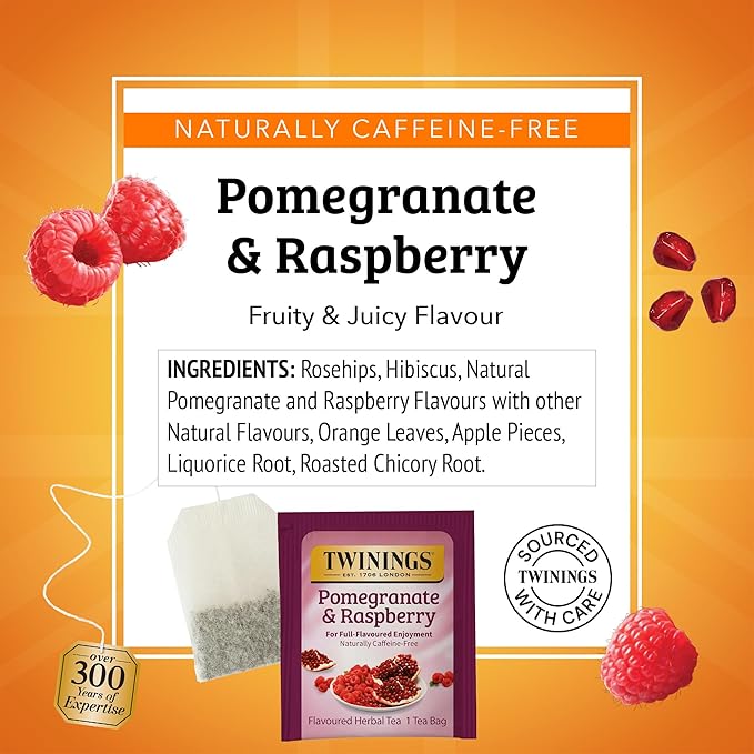 Twinings Pomegranate & Raspberry Herbal Tea Individually Wrapped Bags, 20 Count (Pack of 6), Naturally Caffeine-Free, Enjoy Hot or Iced, 120 Teabags