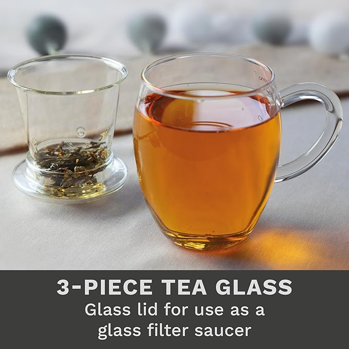 Creano Tea Glass with Infuser and Lid 400ml - Large Tea Cup - Microwave & Dishwasher Safe - Loose Leaf Tea Maker Gift Set