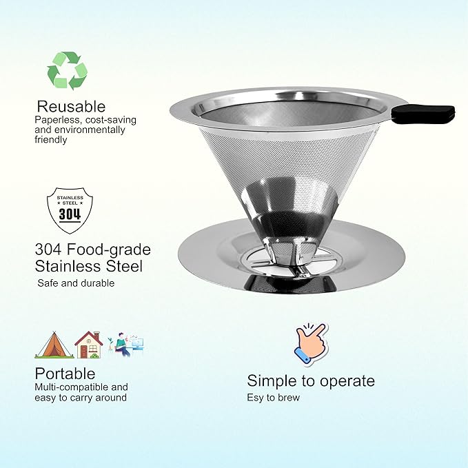 Pour Over Coffee Dripper, Reusable Stainless Steel Drip Cone Coffee Filter Double Layer Fine Mesh, Portable Coffee Maker for Eco-Friendly Brewing Paperless 1-2 Cup Solution