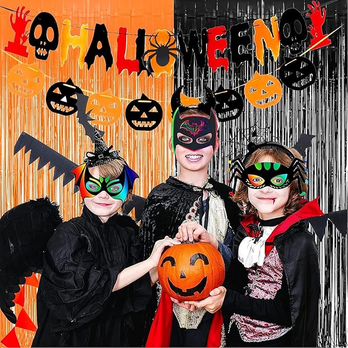 BRAVESHINE 1 Black 1 Orange Tinsel Photo Backdrop Curtains - 3.2x8.2ft Foil Fringe Streamer Curtain for Birthdays, Halloweens, Graduations, Pumpkin, Home, Indoor or Outdoor Party Supplies Decorations