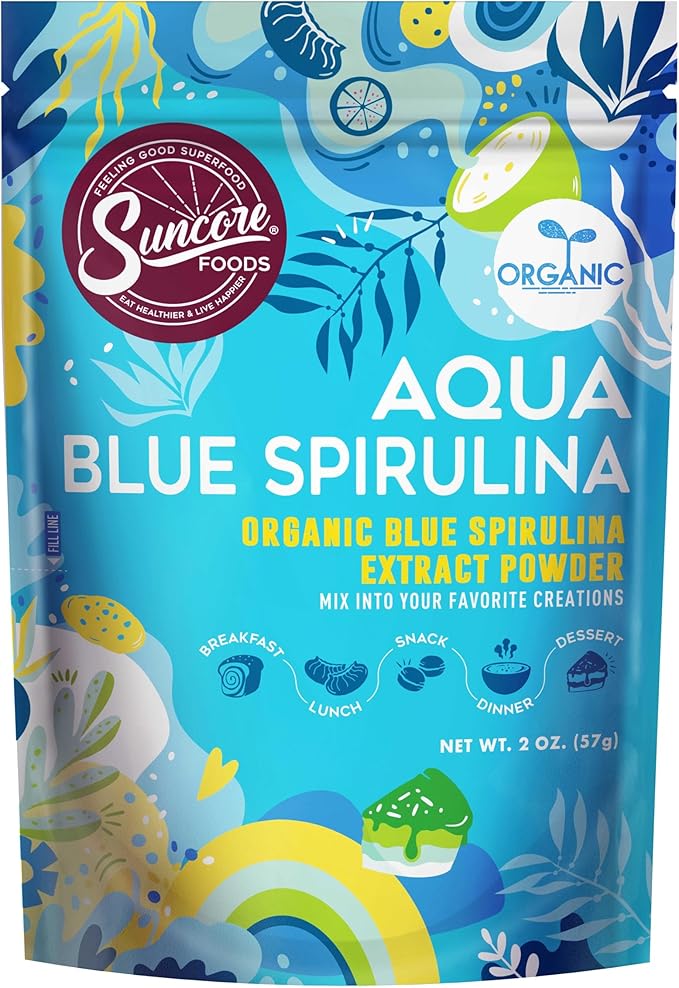 Suncore Foods Organic Aqua Blue Spirulina Powder, 2 oz (1 Bag), Gluten-Free, Non-GMO, Plant-Based, Perfect for Food Coloring, Baking, Drinks, Smoothies, and More