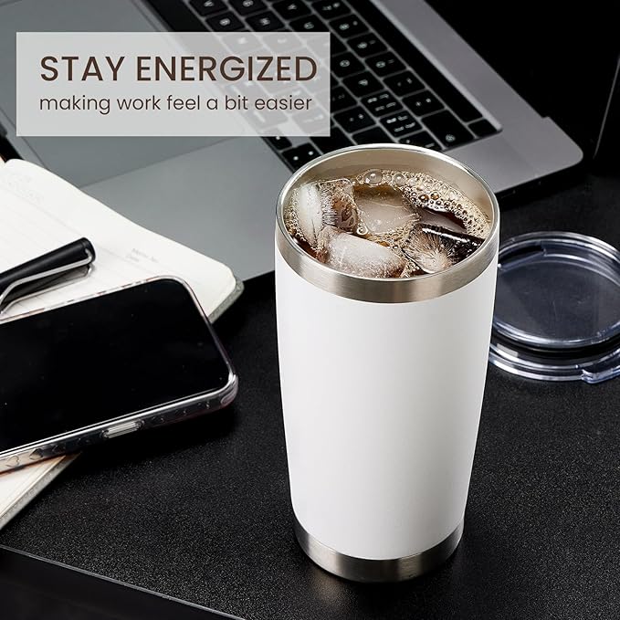 MEWAY 20oz Tumbler 8 Pack Double Wall Vacuum Insulated Travel Mug Bulk, Stainless Steel Tumblers with Lid and Straw, Durable Powder Coated Coffee Cups for Cold & Hot Drinks (White, 8)