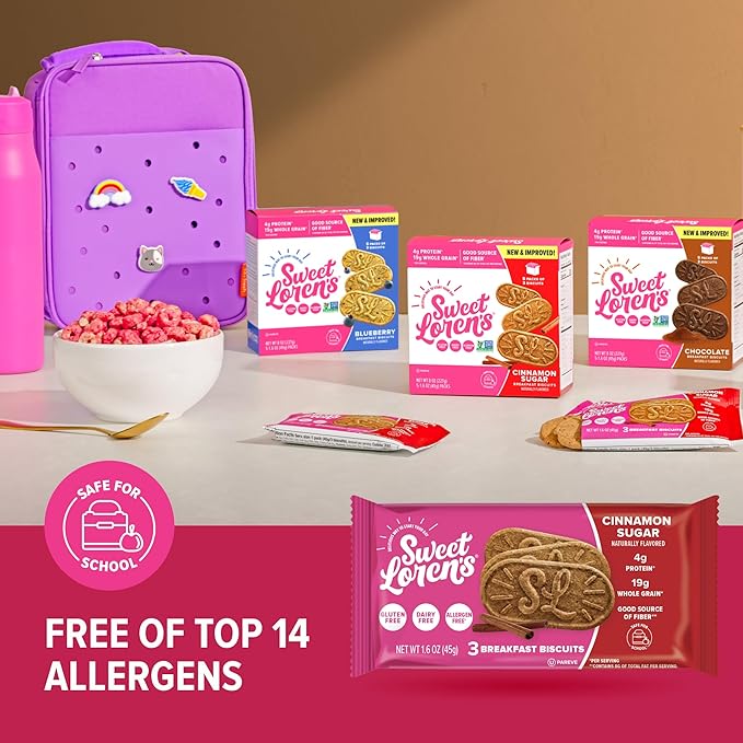 Sweet Loren's Vegan Breakfast Biscuits | Cinnamon Sugar | 4g Protein, 19g Whole Grains | Plant Based, Gluten Free, Dairy Free, Nut Free Snacks | 6 Pack (30 Total Biscuits, 1.6 ounce each)
