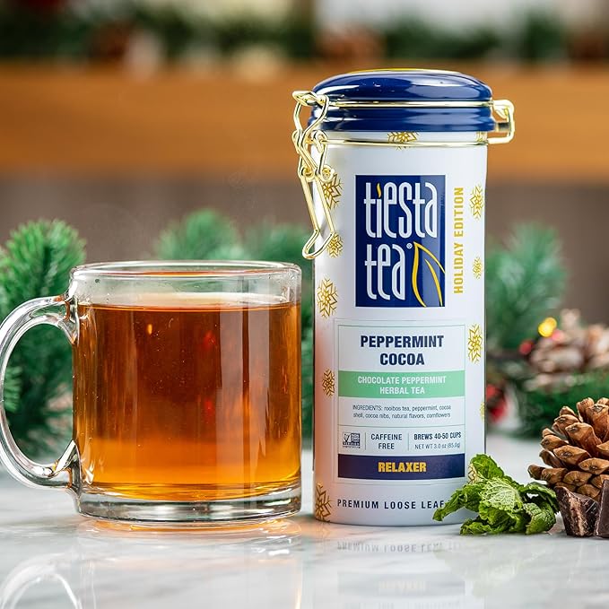 Tiesta Tea - Cozy Peppermint Cocoa, Loose Leaf, Chocolate Peppermint Herbal Tea, Premium Blend, Non Caffeinated, Make Hot or Iced Tea & Up to 50 Cups - 3 Ounce Refillable Tin