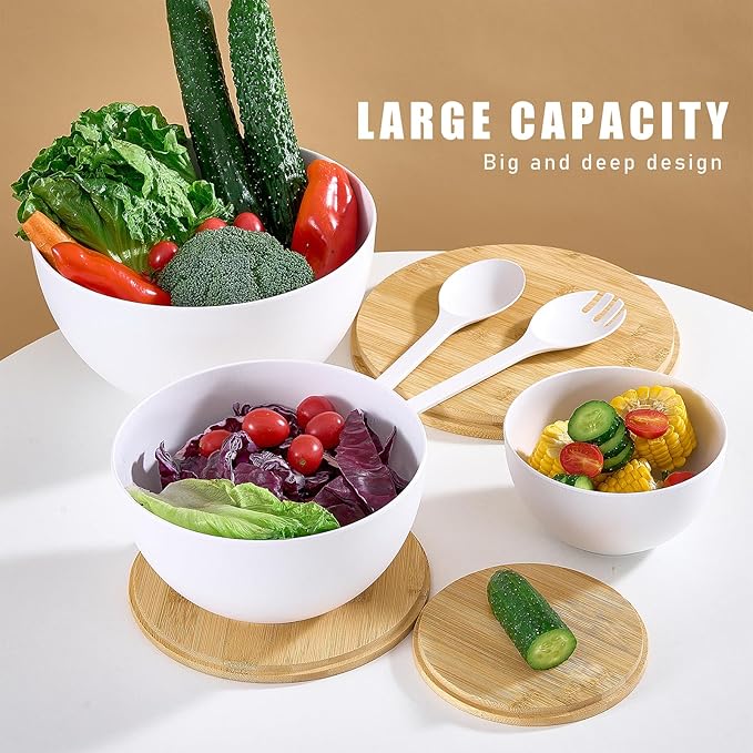 Large Salad Bowls with Bamboo Lids Set of 3, Mixing Nesting Bowls Round Serving Bowls with Servers for Salads, Kitchen Eating, Pastas, Popcorn, Chips, Trifle, Fruit, Food Prepare (White,10",8",6" )