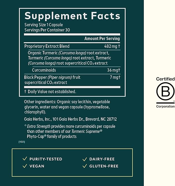 Gaia Herbs Turmeric Supreme Extra Strength - Supports Occasional Swelling from Normal Wear & Tear - with Turmeric Curcumin & Black Pepper - 30 Vegan Liquid Phyto-Capsules (Up to 30-Day Supply)