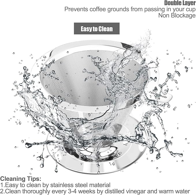 Pour Over Coffee Dripper, Paperless Reusable Coffee Filter, Pour Over Coffee Maker for Single Cup Brew, Double Mesh Design of Stainless Steel Cone Filter for Perfect Extraction (1-2 Cup)