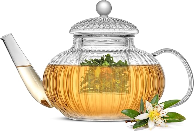 JoyJolt Fluted Glass Teapot Set 34oz, Stovetop Safe Tea Kettle, Borosilicate Clear Kettle with Removable Glass Infuser, Blooming and Loose Leaf Tea Maker and Brewer