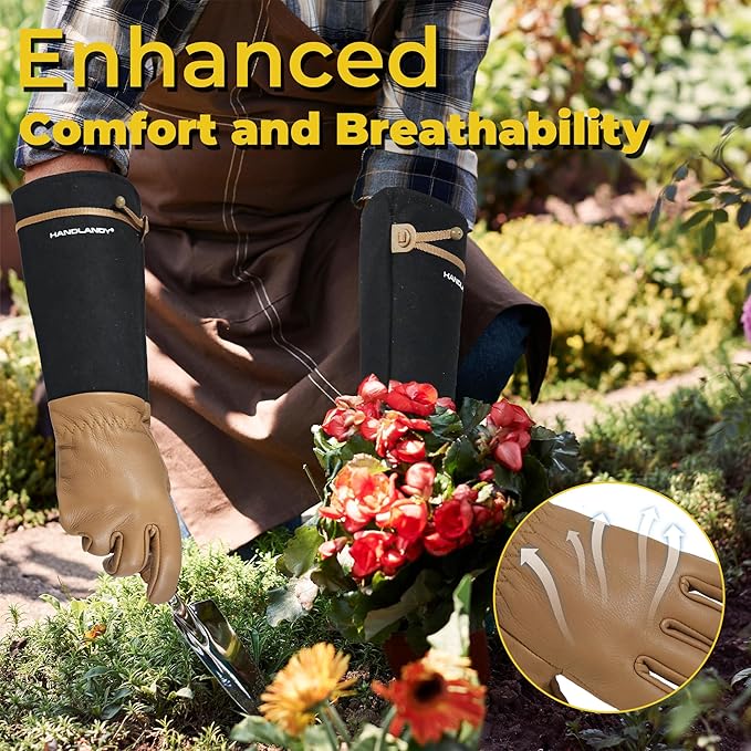 HANDLANDY Long Gardening Gloves for Men & Women, Cowhide Leather Rose Pruning Gloves, Breathable Thorn Proof Gauntlet Glove (Brown-Cowhide, M)