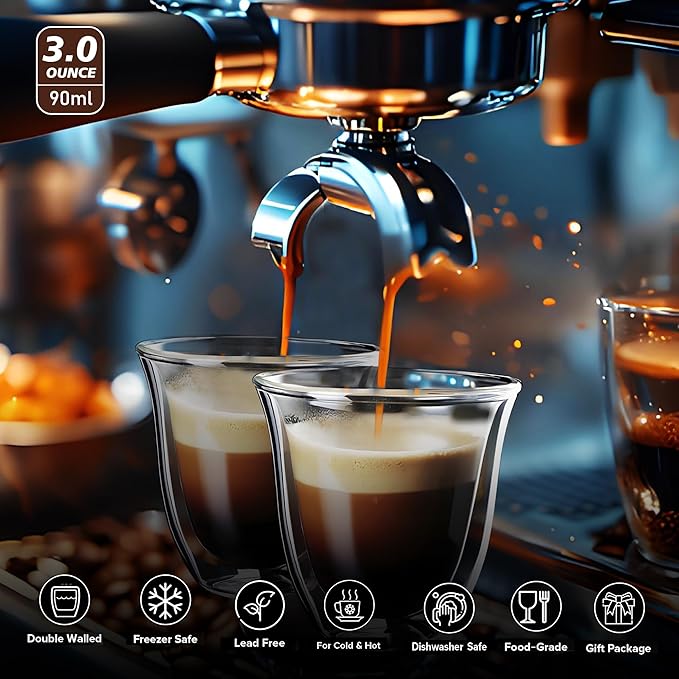 Double Wall Insulated Espresso Cups Set of 4-3oz Borosilicate Glass, Heat & Thermal Shock Resistant, Keeps Hands Cool, for Home, Cafe, Gift