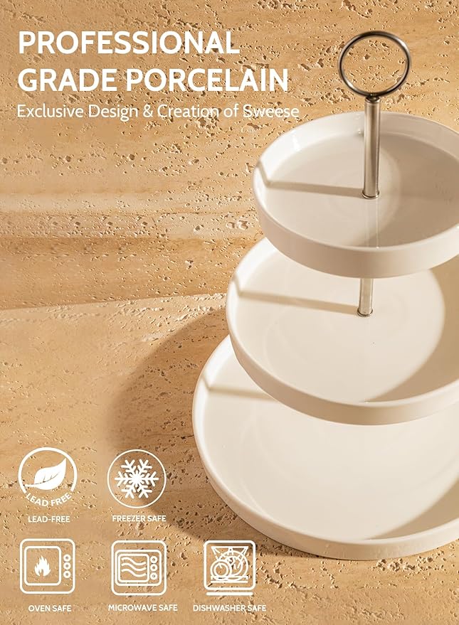 Sweese Porcelain 3-Tier Cupcake Stand - Elegant White Cake Stand for Desserts, Tiered Serving Tray for Parties, Weddings, Birthdays - Durable Stainless Steel Rods