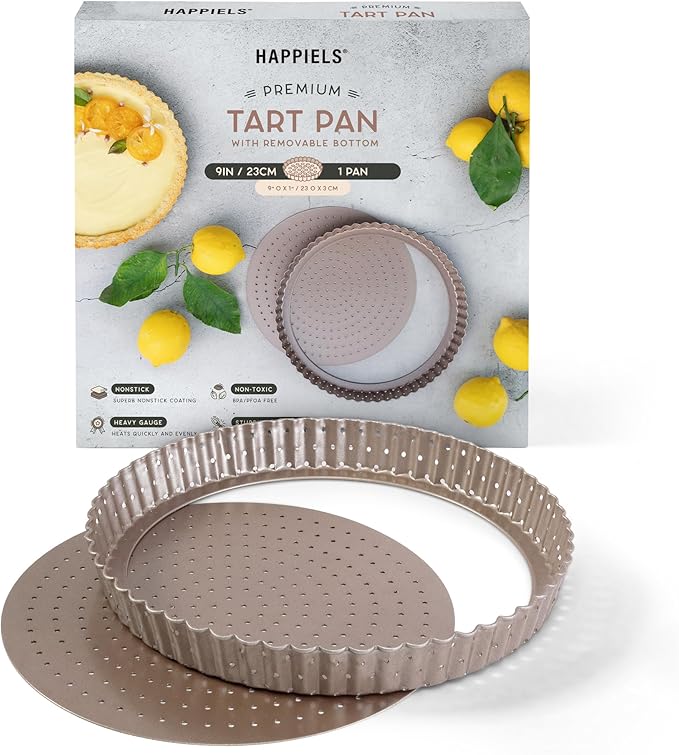 Nonstick 9 Inch Tart Pan with Removable Bottom | PFOA & BPA Free Non Toxic Fluted Pie & Quiche Tin | Best Perforated Non Stick Nontoxic 9in Molds with Holes for Baking