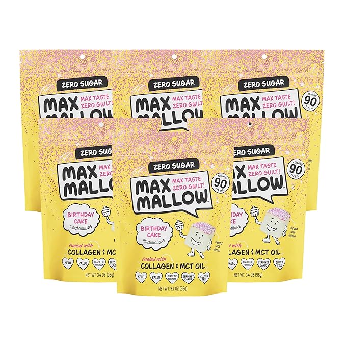 Max Mallow Sugar Free Marshmallows - Keto Friendly, Perfect for S'mores, Hot Chocolate, and Baking with Zero Sugar Snacks, Smores Mct Oil Zero Sugar Marshmellow Marshmallow Birthday Cake, 6 Pack