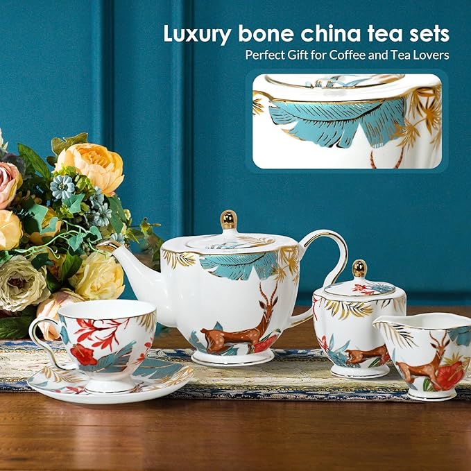 ACMLIFE Tea Cups and Saucers for 1, Bone China Teacup Set for Adults with Gold Trim and Gift Box, Deer Chinese English British Wedding Tea Set for One Coffee Cup Set 6.8 oz (Red-Deer)