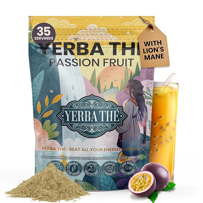 Ancient Diosa - Yerba Mate Tea Powder 350g, 35-Servings - Passion Fruit Flavor Clean Energy Drink Superfood - Support Gut Health, Probiotics and Prebiotics, Reduce Brain Fog, Relaxation & Focus Blend