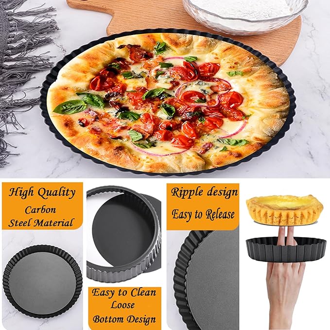 Tart Pans 9 Inch with Removable Bottom Fluted Pie Tart Pans, Round Non-Stick Pan Quiche Pan, for Baking Pizza Mousse Cakes, Christmas Dessert