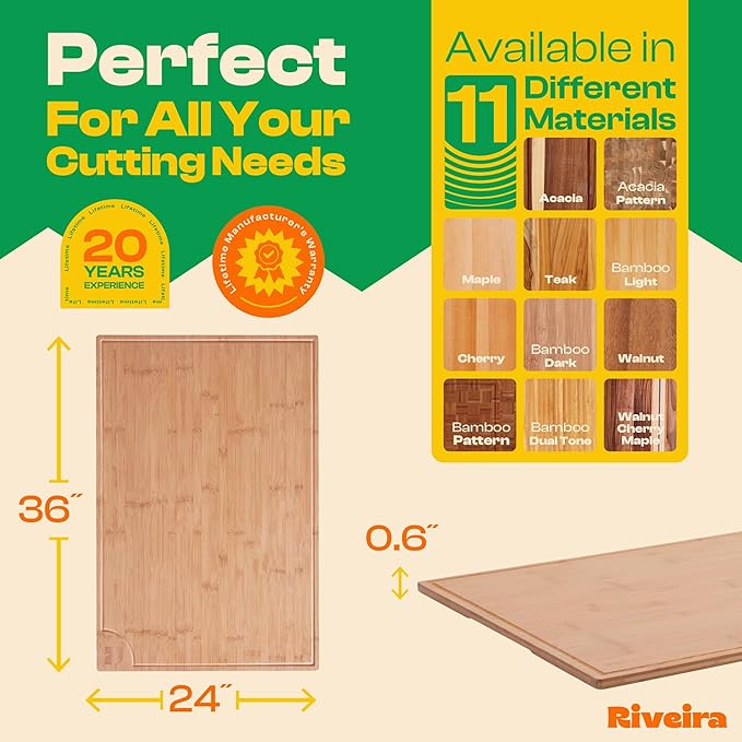 Riveira Brown Bamboo Wood Cutting Board – Gourmet Bamboo Grandeur: 36 x 24 Wooden Cutting Board – Wooden Cutting Boards For Kitchen Decorative – Innovative Juice Grooves Wooden Chopping Board
